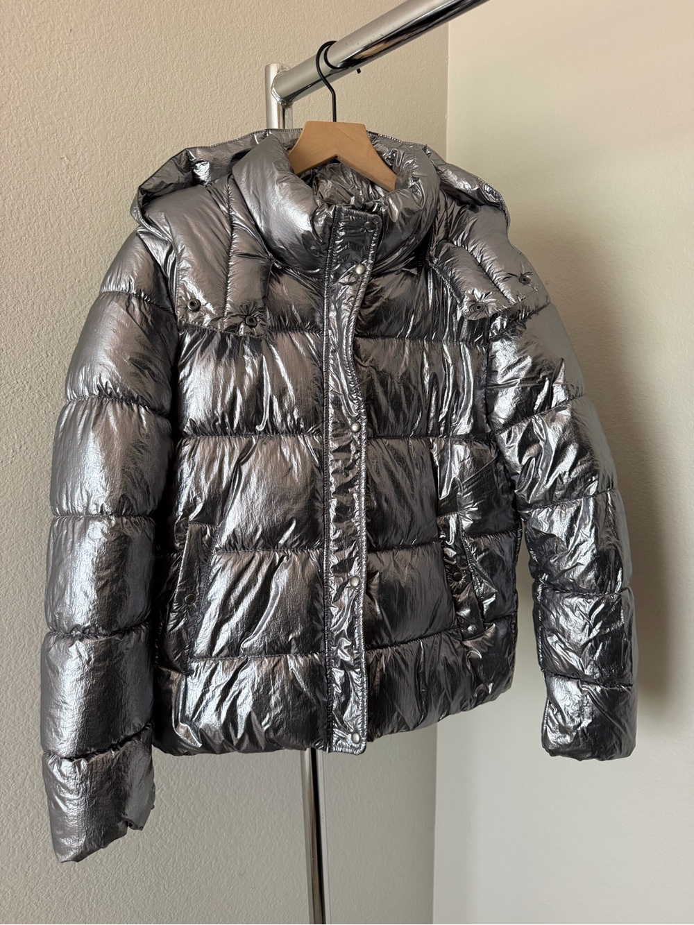 Zara Metallic Silver Puffer Jacket with Hood